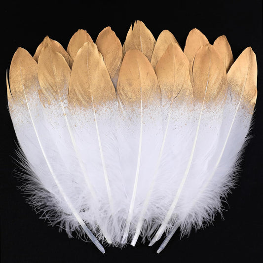 Larryhot Dipped Gold & White Goose Feathers for Crafts - 6-8 inch 60 pcs Natural Feathers for Wedding Party Decorations,DIY Crafts and Table Centerpiece(Gold & White)