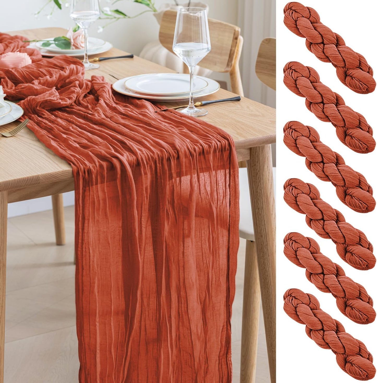 Asee'm 6pcs Cheesecloth Table Runner 120 Inches Long Terracotta Boho Gauze Cheese Cloth Runner 10FT Rustic Sheer Fall Table Runners for Thanksgiving Christmas Wedding Party Baby Shower Decoration