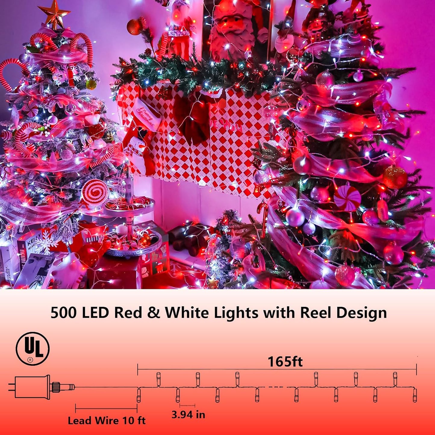 YEGUO 165ft 500 LED Red and White Christmas Lights Outdoor Waterproof, Clear Wire String Lights Indoor Plug in, 8 Modes Clear Wire Twinkle Tree Light for Xmas Party Garden