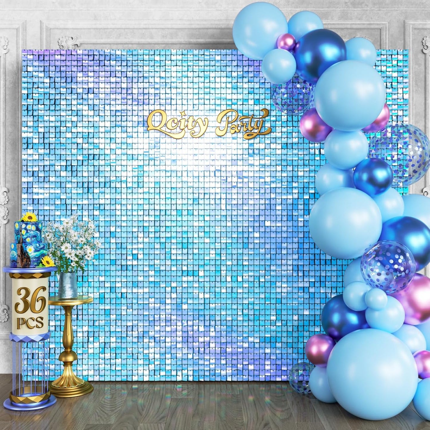 Qcity Rainbow Blue Shimmer Wall Backdrop 36PCS, Black Back Not See-Through Design, Square Sequin Glitter Backdrop Panel, Perfect for Outdoor Events, Birthdays, Wedding and Party Decoration