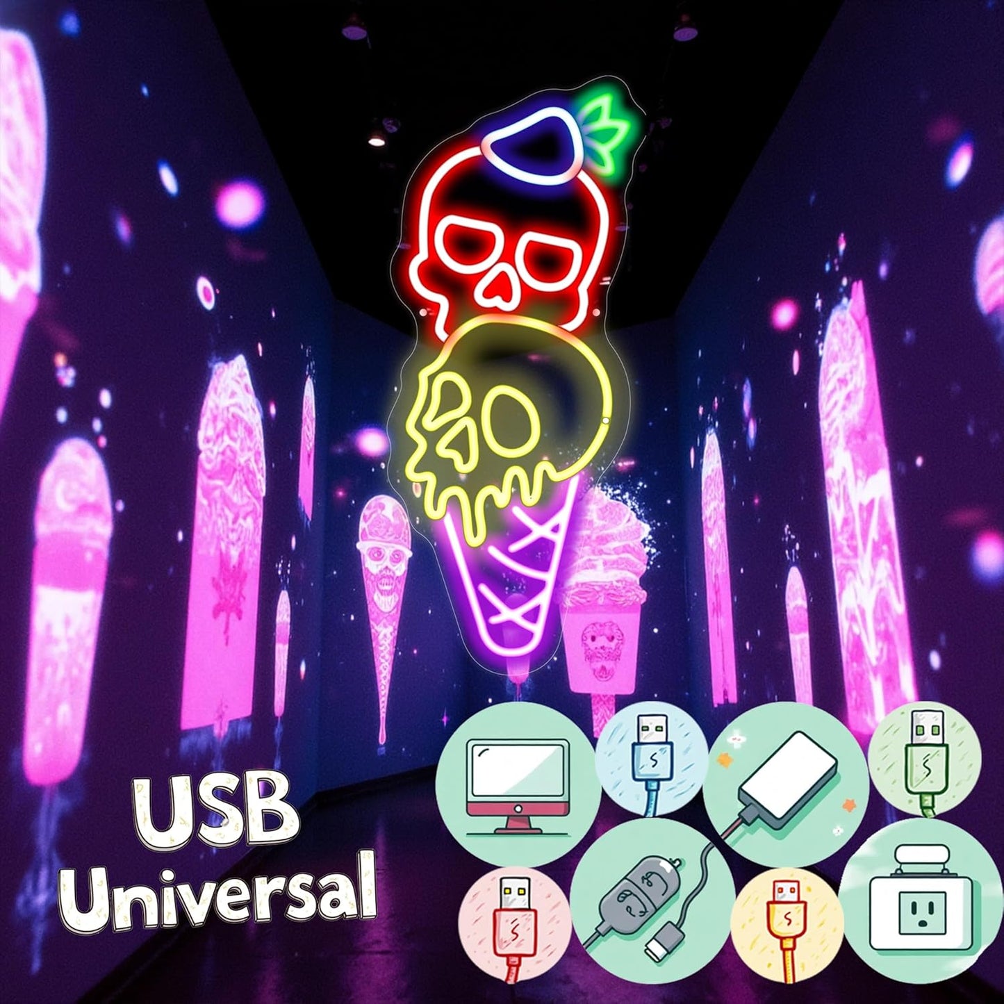 Halloween Ice Cream Skull Neon Sign, Quirky Gothic LED Wall Art,Skull Neon Light Ice Cream Neon Lighht Halloween Decor Wall Halloween Neon Sign Coffee Shop Decor, Christmas Party Bar Drink Shop-Red