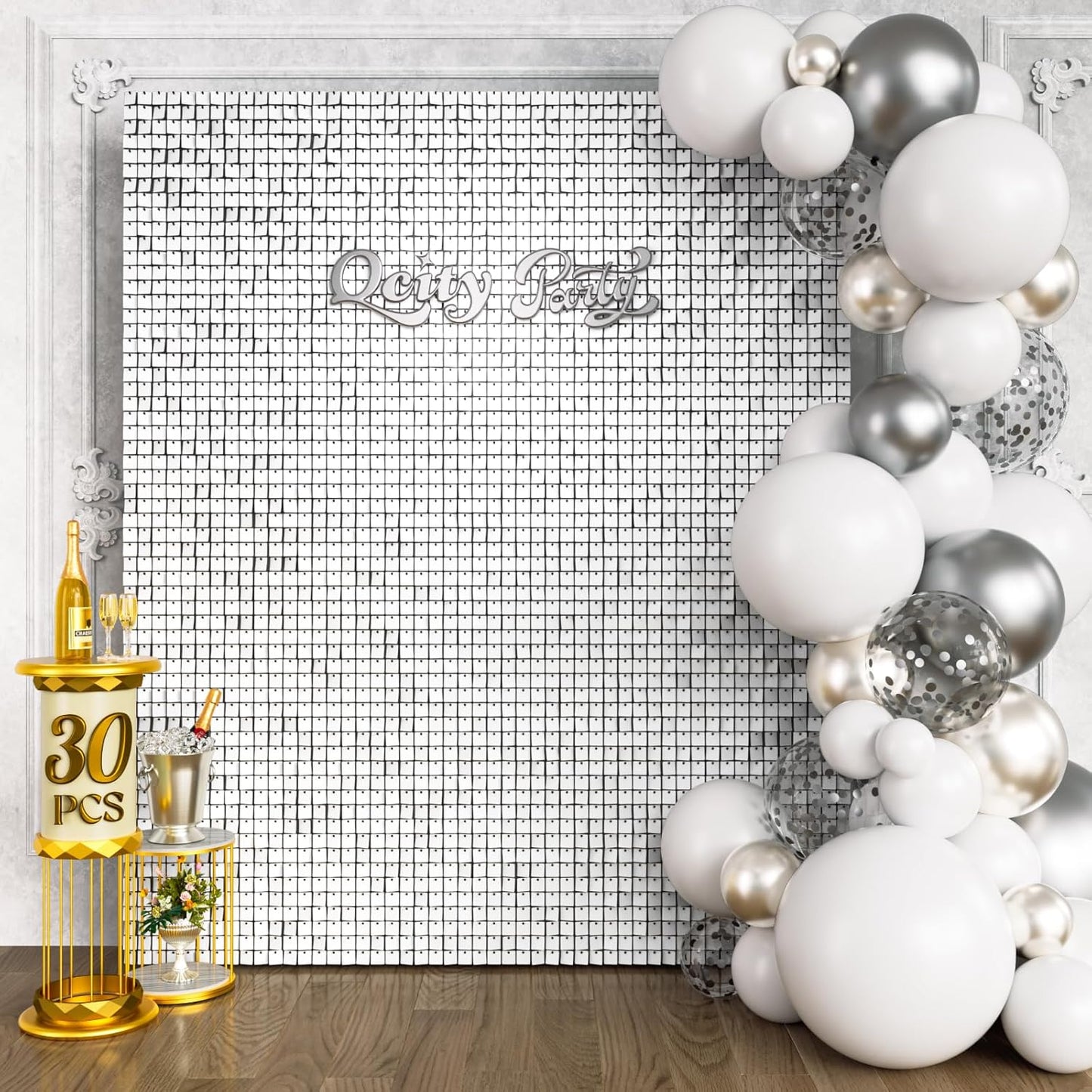 Qcity Matte White Sequin Wall Backdrop 30PCS, Black Back Not See-Through Design, Square Sequin Glitter Backdrop Panel, Perfect for Outdoor Events, Birthdays, Wedding and Party Decoration