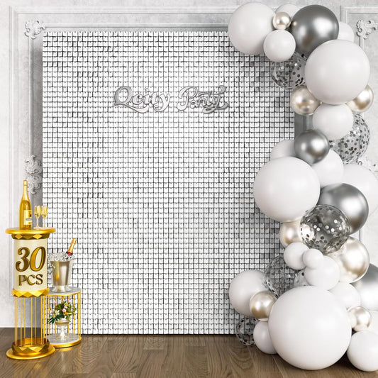 Qcity Matte White Sequin Wall Backdrop 30PCS, Black Back Not See-Through Design, Square Sequin Glitter Backdrop Panel, Perfect for Outdoor Events, Birthdays, Wedding and Party Decoration