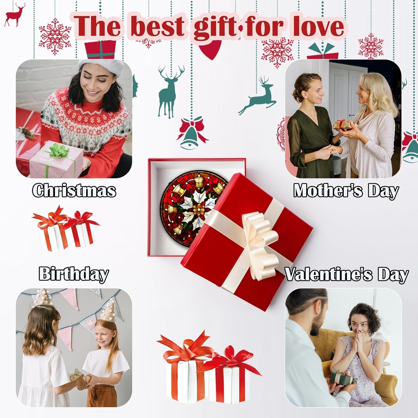 Stained Glass Window Hanging - Golden Bells Flowers Suncatcher for Doors Home Christmas Decoration Winter Sun Catcher Thanksgiving New Year Birthday Gift for Friend Women Men Mom Nana 15 in