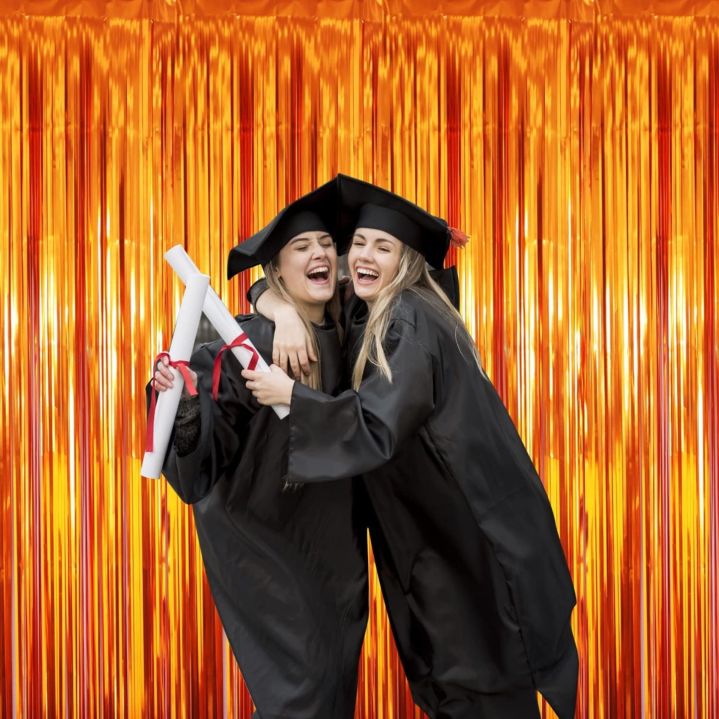 GOER 6.4 ft x 8.2 ft Metallic Tinsel Foil Fringe Curtains,Pack of 2 Party Streamer Backdrop for Birthday,Graduation Decorations and New Year Eve (Orange)