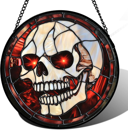 Stained Glass Window Hanging - Halloween Decorations White Skeleton Suncatcher for Doors Garden Indoor Spooky Funny Red Sun Catchers Gothic Decor Horror Gifts for Women Men Friend 7.8 in