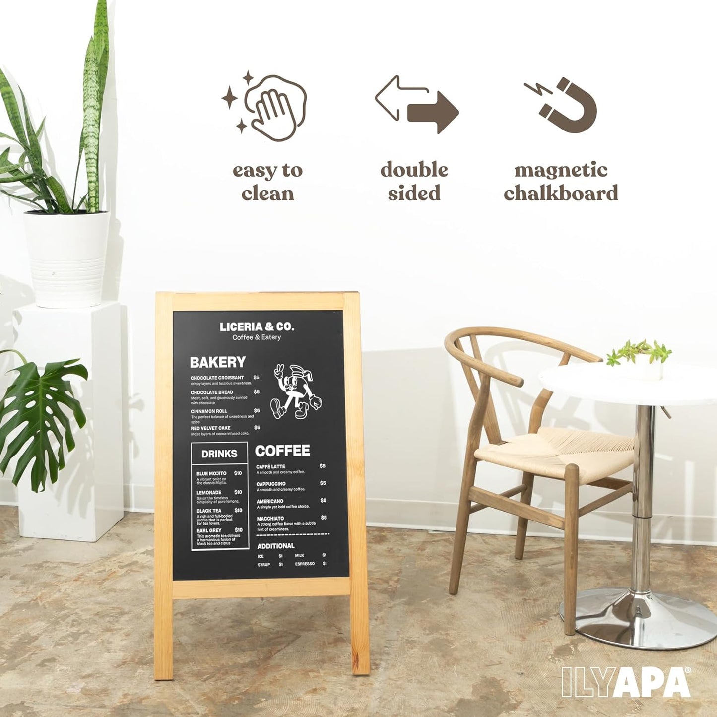 Ilyapa Wooden A-Frame Sign with Eraser & Chalk - 40 x 20 Inches Magnetic Sidewalk Chalkboard – DIY Menu Display for Restaurant, Business Or Wedding