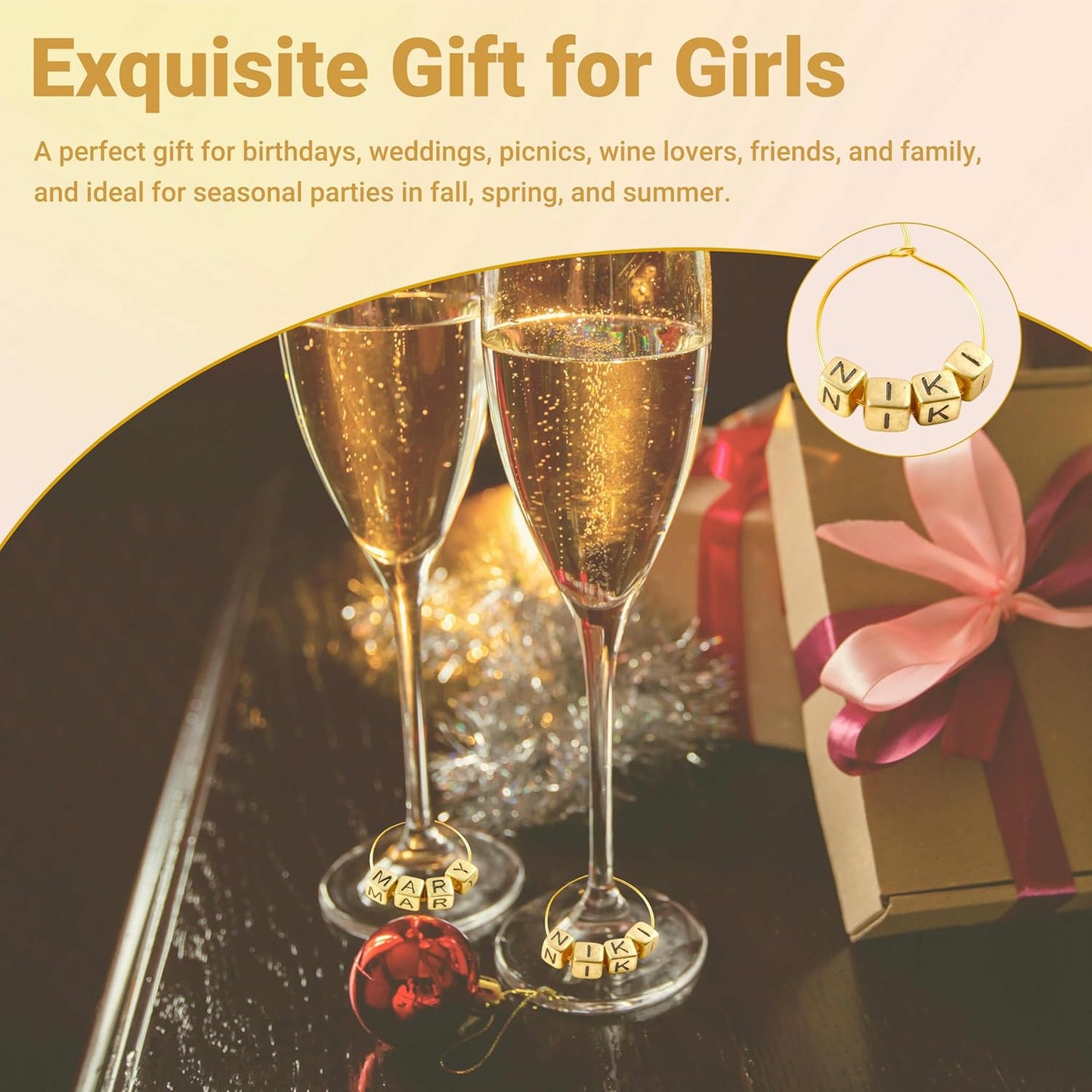 50 Sets Wine Glass Charms, Wine Charms for Stem Glasses, DIY Reusable Drink Markers for Weddings & Bachelorette with Alphabet Beads