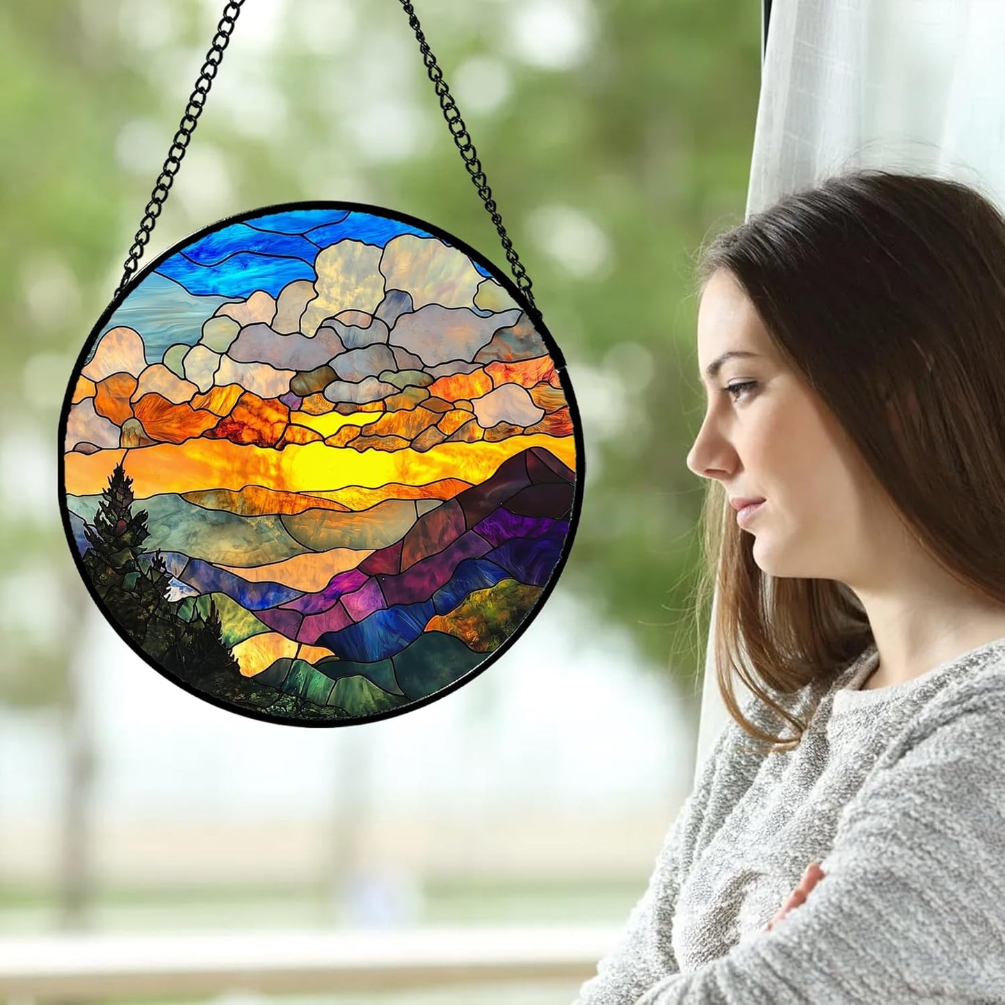 Stained Glass Window Hanging, Abstract Clouds Mountains Landscape Suncatcher for Doors Window Home Sun Catchers Decor Mother's Day Birthday Gifts for Women, Men Mom 11.8 in