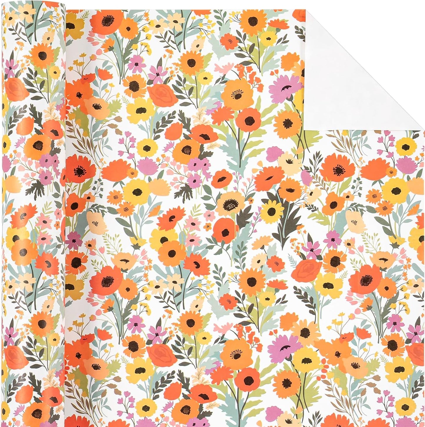 WRAPAHOLIC Kraft Floral Wrapping Paper Roll - Mini Roll - 17 Inch x 9.8 Feet - Bright Summer Flower Wrapping Paper, Perfect for Wedding, Birthday, Bridal Shower, Tea Party