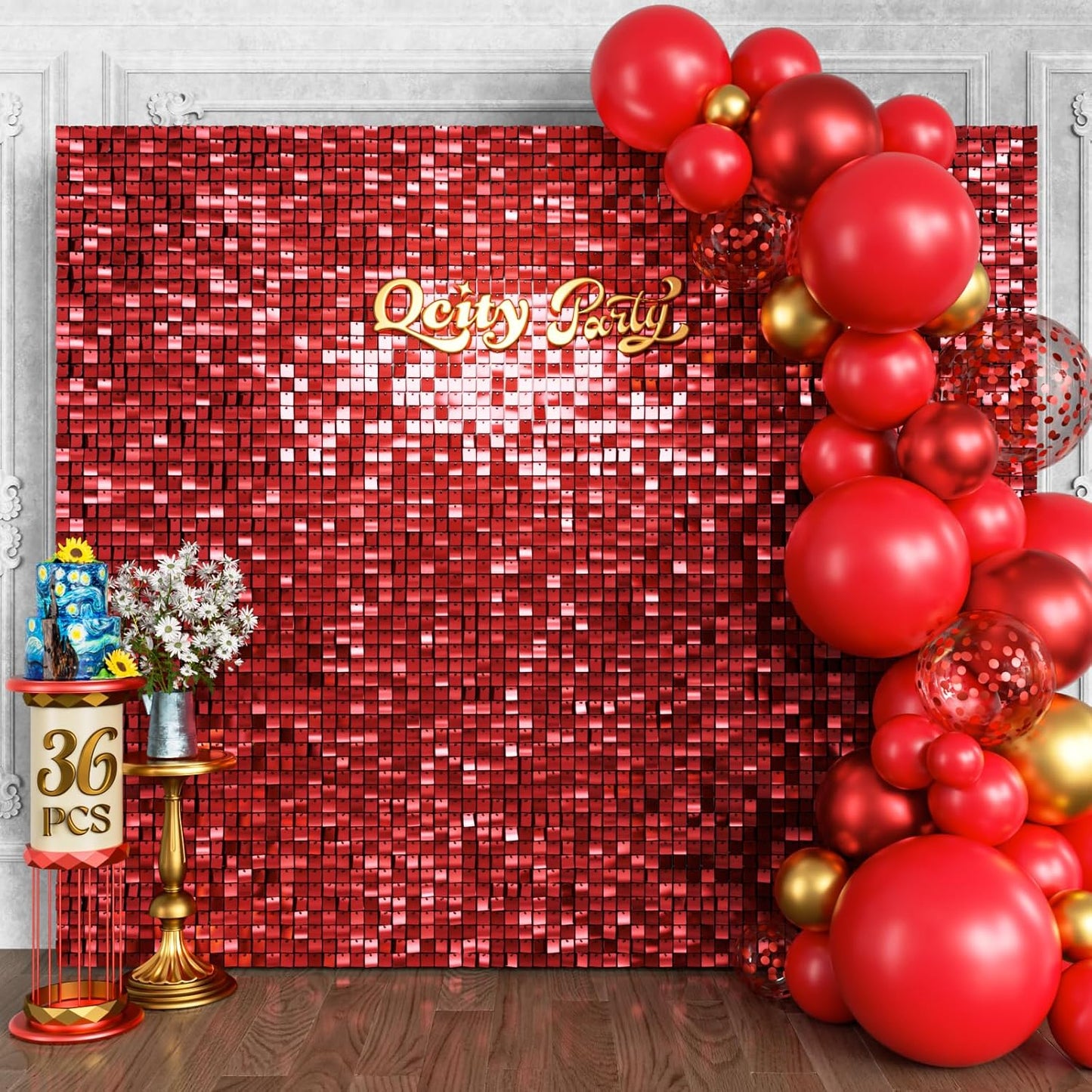 Qcity Red Shimmer Wall Backdrop 36PCS, Black Back Not See-Through Design, Square Sequin Glitter Backdrop Panel, Perfect for Outdoor Events, Birthdays, Wedding and Party Decoration