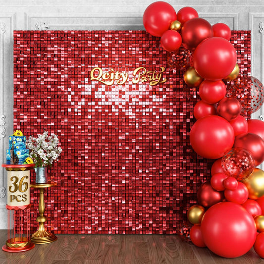 Qcity Red Shimmer Wall Backdrop 36PCS, Black Back Not See-Through Design, Square Sequin Glitter Backdrop Panel, Perfect for Outdoor Events, Birthdays, Wedding and Party Decoration