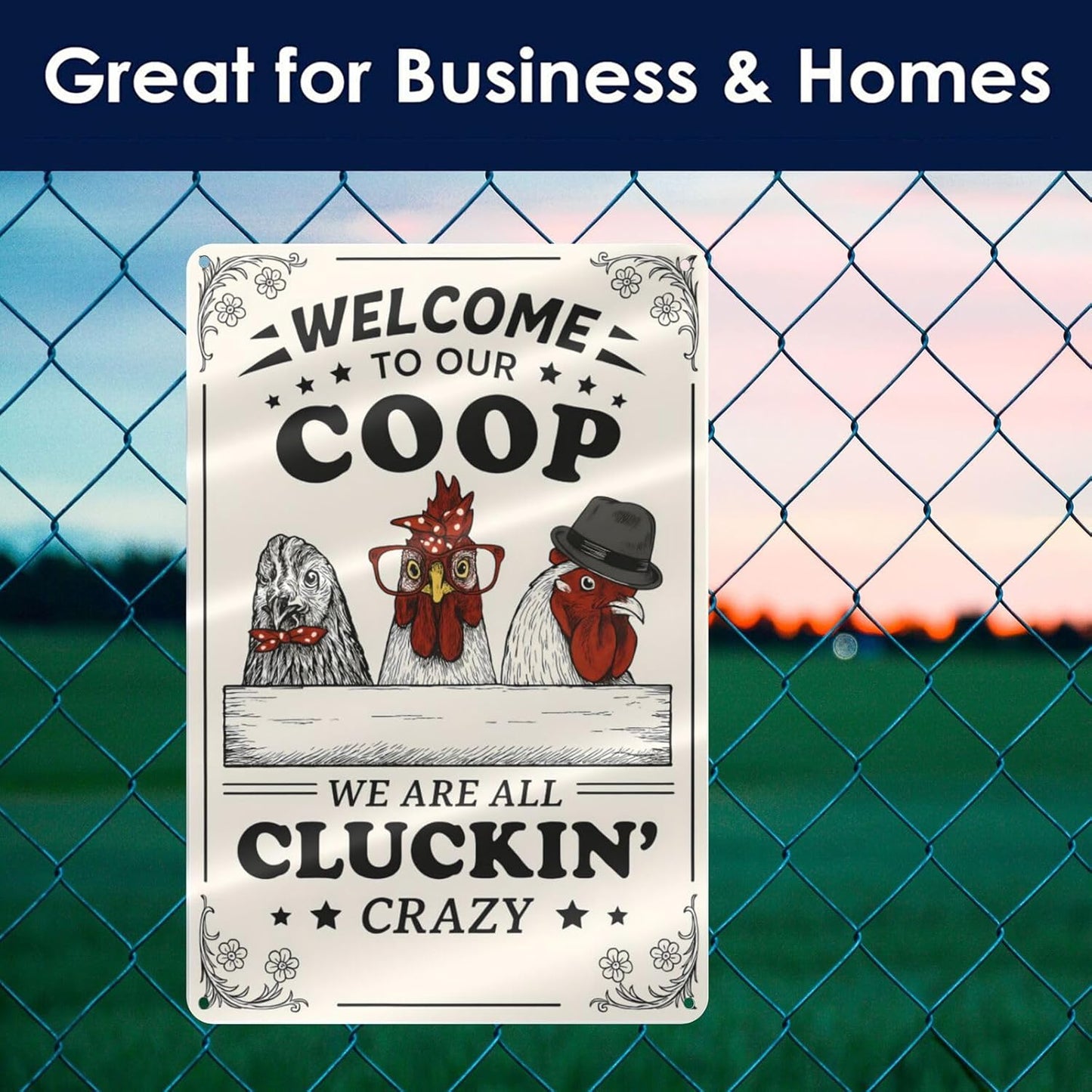 Funny Chicken Coop Sign - "Welcome to Our Coop" Rustic Farmhouse Chicken Decor for Coop or Home, 12" x 8" Metal Tin Sign