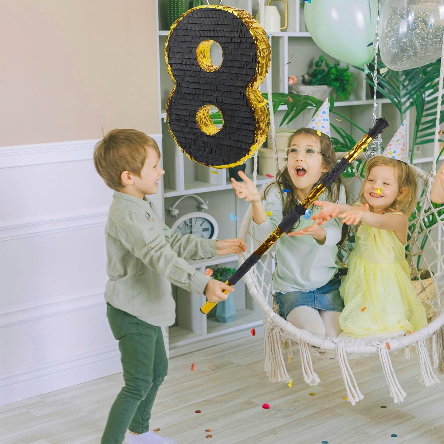 PCFING 20 Inch Number 8 Piñata Gold Black with 30 Inch Piñata Stick Blindfold Confetti for Man Women Boys Girls Birthday Party Decorations, Anniversary Celebration, Fiesta