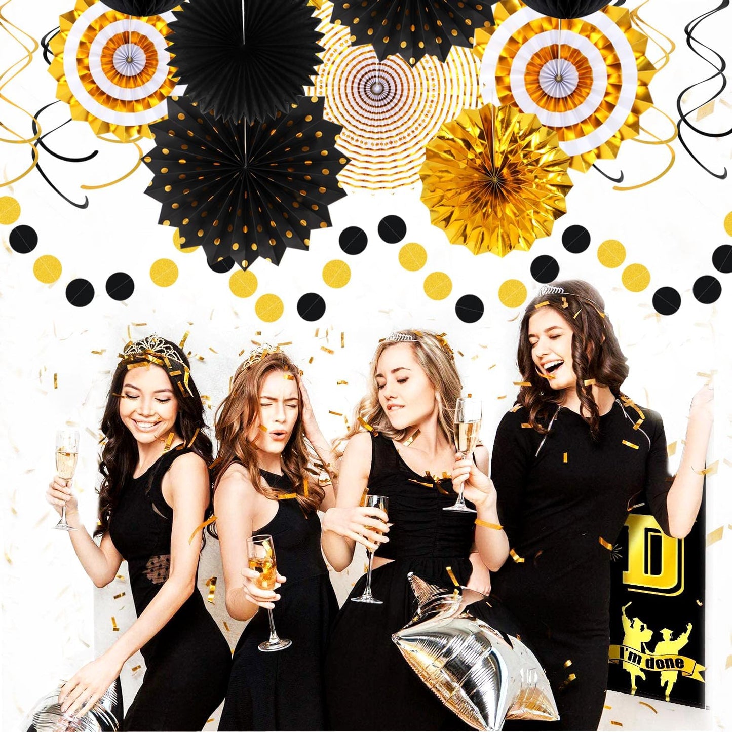 Black-Gold Graduation Party-Decorations - 33pcs Kits Banner, Streamers Tassel Garland,Tissue Pom Poms Honeycomb, Paper Lantern Fans,Wedding New Year Birthday Baby Shower Decor Hugtmr