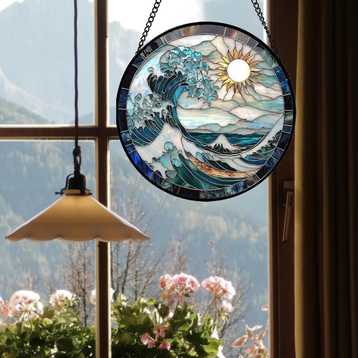 Stained Glass Window Hanging - White Sun Big Wave Suncatcher for Door Terrace Garden Home Decor Blue Ocean Landscape Sun Catcher Birthday Gifts for Lovers Women Men Dad Mom Nana 15 in