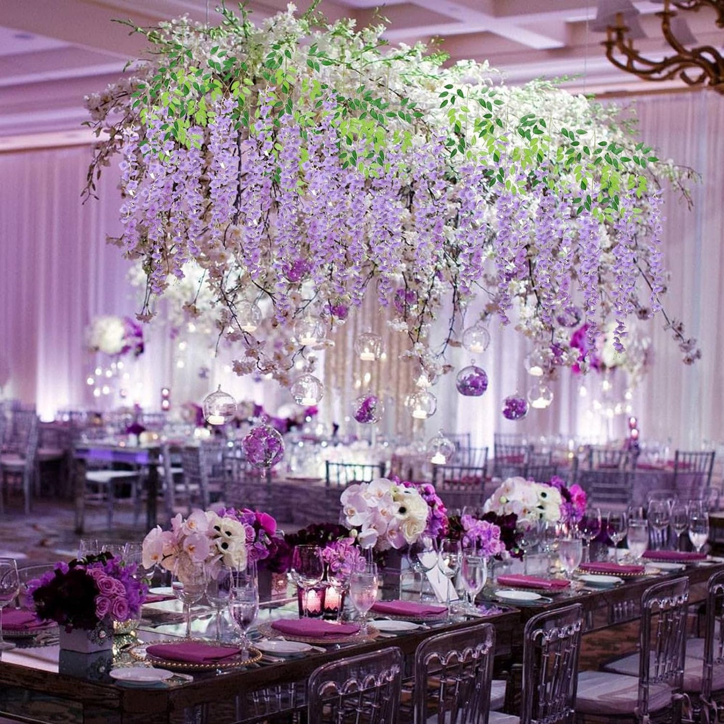 24 Pack Light Purple Wisteria Hanging Flowers, 3.4 Ft Fake Hanging Flowers, Artificial Wisteria Garland Vines for Wedding Room Backdrop Outdoor Patio Garden Decoration