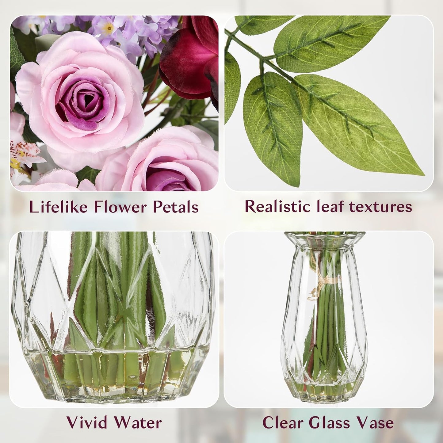 Briful Large Artificial Flowers Floral Arrangement, Mixed Purple Rose, Lilacs, White Orchids Potted Fake Silk Flowers in Clear Vase with Faux Water, Eucalyptus Stem Decor, Elegant Home Office Décor