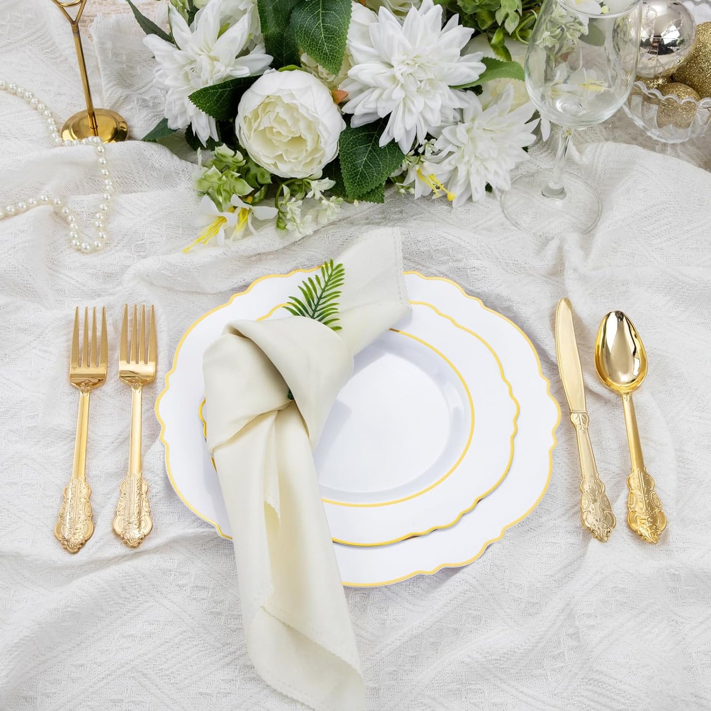 Liacere 350PCS Gold Plastic Plates-Disposable White and Gold Plates 50guest Baroque Plastic Dinnerware include 100Plates, 50Pack Pre Rolled Napkins with Silverware 50Cups for Wedding&Thanksgiving