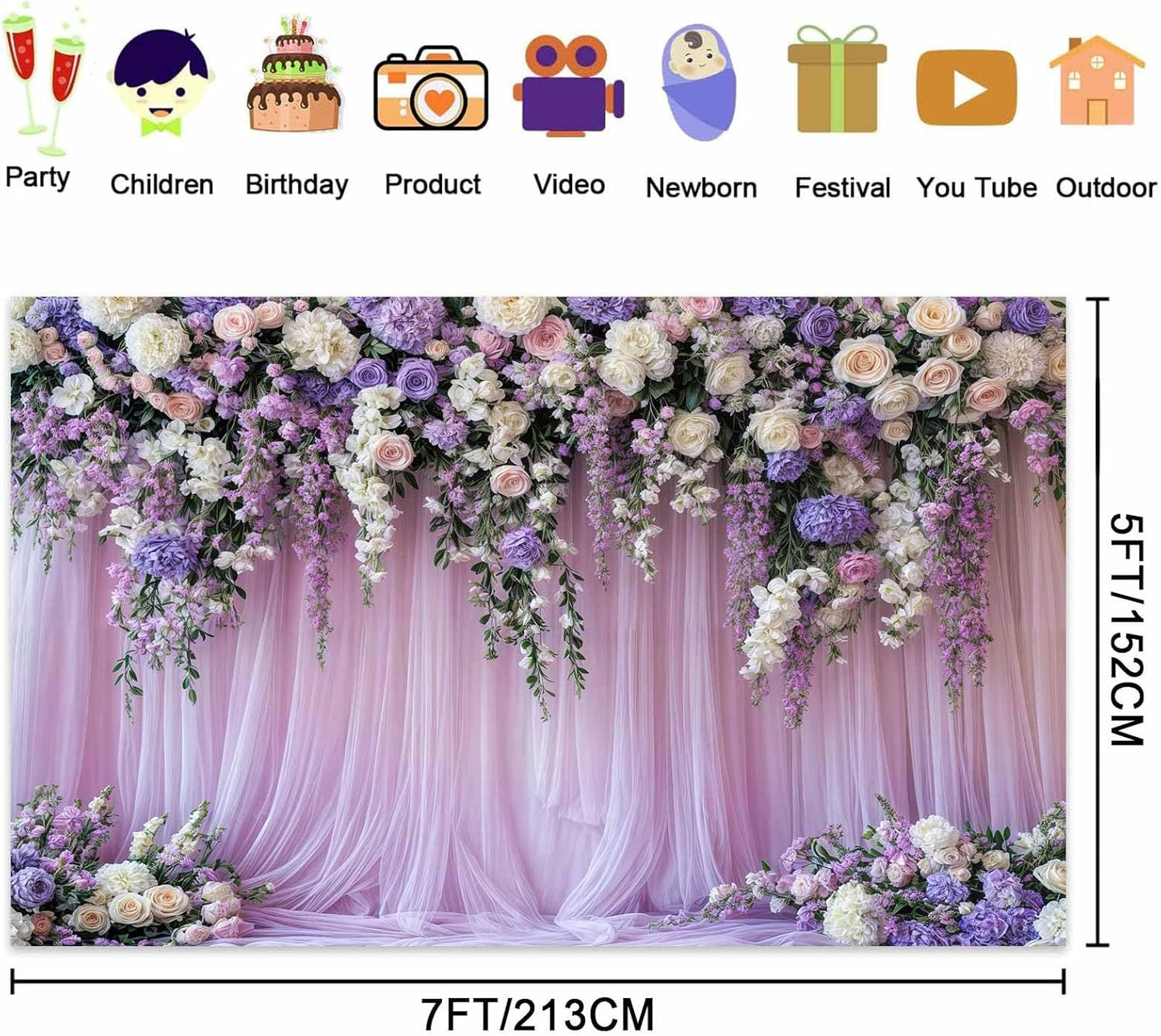 12x10ft Purple Lavender Floral Bridal Backdrop Wedding Flower Photography Backdrop for Girl Portrait Baby Shower Birthday Party Decor Banner Mother's Day Party Wall Backdrop Studio Photo Backgrounds