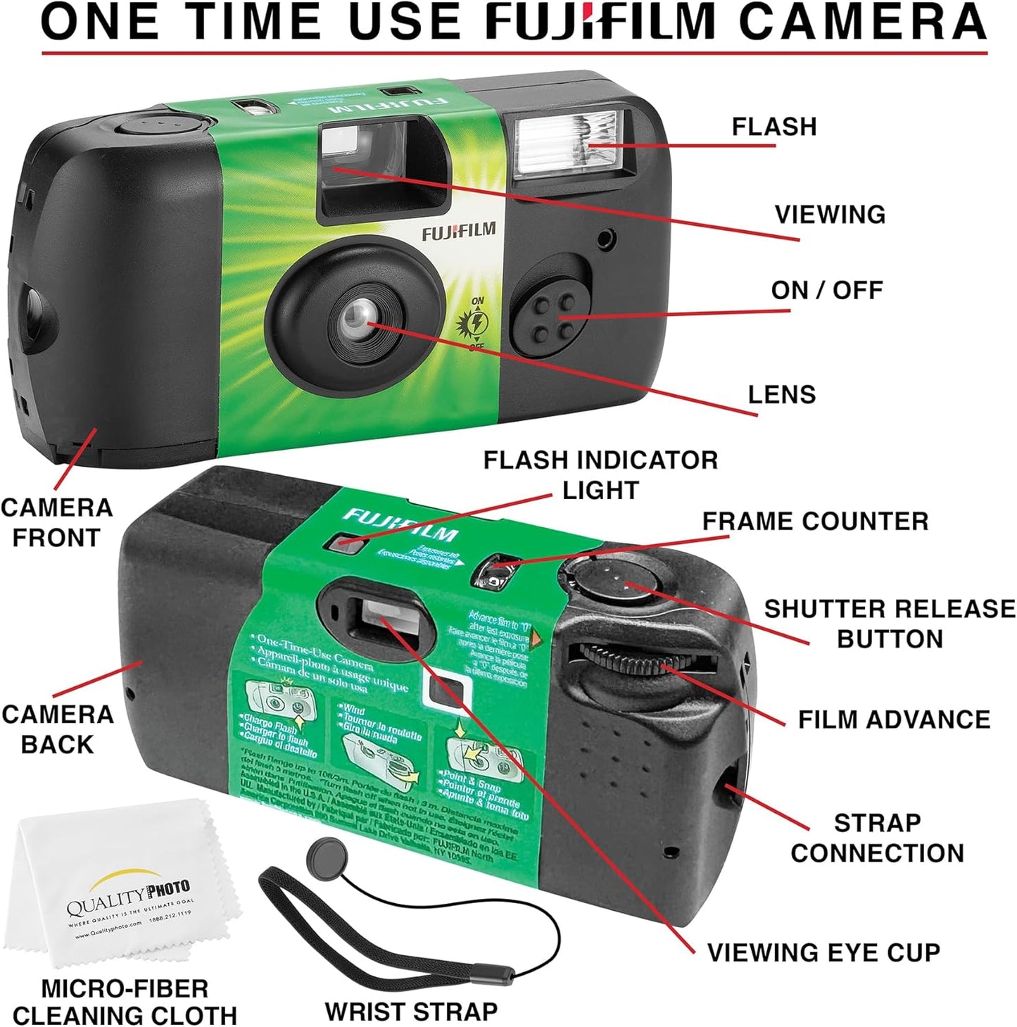 Fujifilm QuickSnap Flash 400 Disposable 35mm Camera + Hand Strap + Quality Photo Microfiber Cloth (8 Pack)