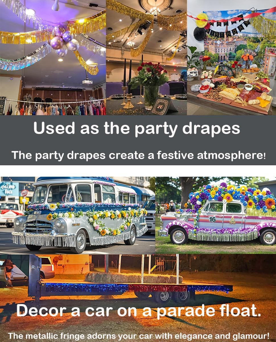 4 Pack Total 40 Feet Foil Fringe Garland Light Blue Metallic Wall Hanging Drapes Tassel Skirting Teal Tinsel Streamers for Parade Float Trailer Mardi Gras Party Birthday Wedding (Turquoise)