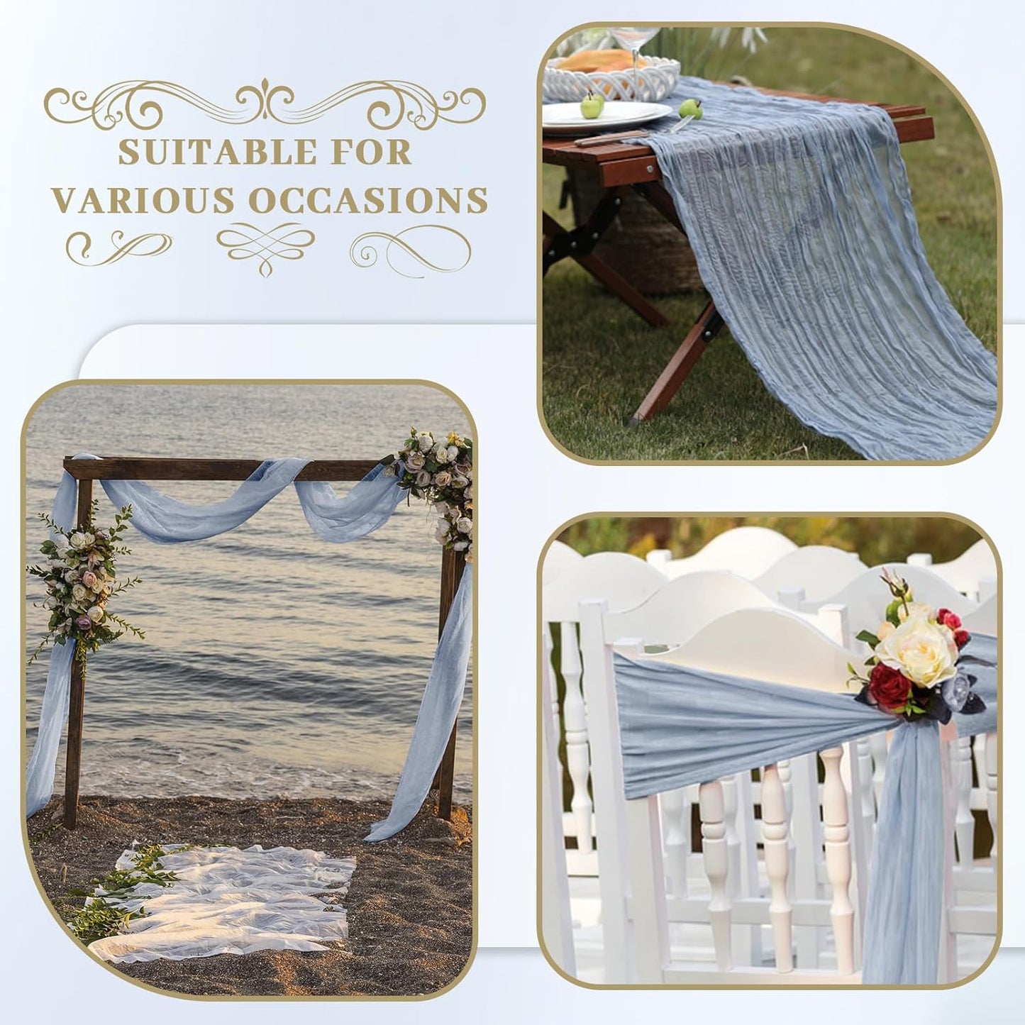 Le courant 6pcs 10Ft Cheesecloth Table Runner, Rustic Boho Gauze Cheese Cloth Runner Table Runner for Weddings Bridal Baby Shower Birthday Holiday Parties Home Decor, Dusty Blue