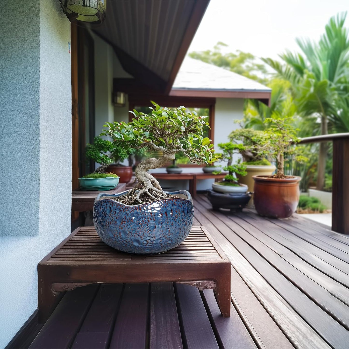 10 Inch Plant Pot - Ceramic Planter for Indoor Outdoor, Round Bonsai Pots, Decorative Flower Pots with Drainage Hole, Modern Unique Planters, House Decor, Home Gifts, Retro Blue