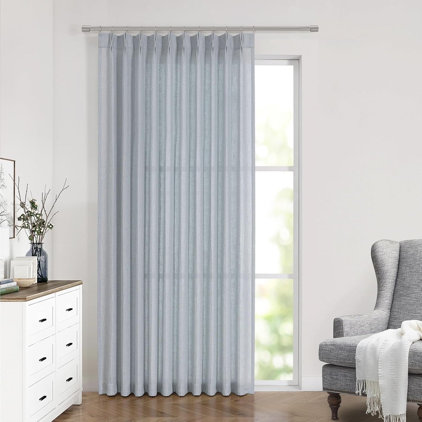 Vision Home Blue Grey Pinch Pleated Semi Sheer Curtains Textured Linen Blended Light Filtering Window Curtains 84 inch for Living Room Bedroom Patio Pinch Pleat Drapes with Hooks 1 Panel 60" Wx84 L