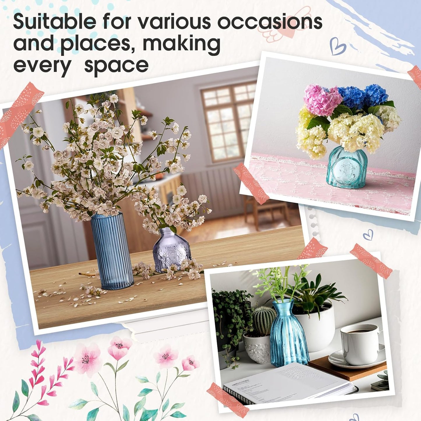 Yaomiao 30 Pcs Vases Bulk Colored Flower Glass Vases Bud Vintage Colored Glass Bottles Colorful Rustic Embossed for Home Wedding Table Decorations Gifts(Blue Series)