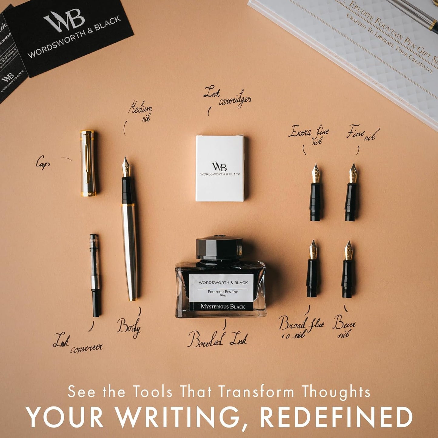 Wordsworth & Black Fountain Pen Gift Set, Includes Ink Bottle, 6 Ink Cartridges, Refill Converter, 4 Replacement Nibs, Premium Package, Journaling, Calligraphy, Smooth Writing Pens [Silver Gold]
