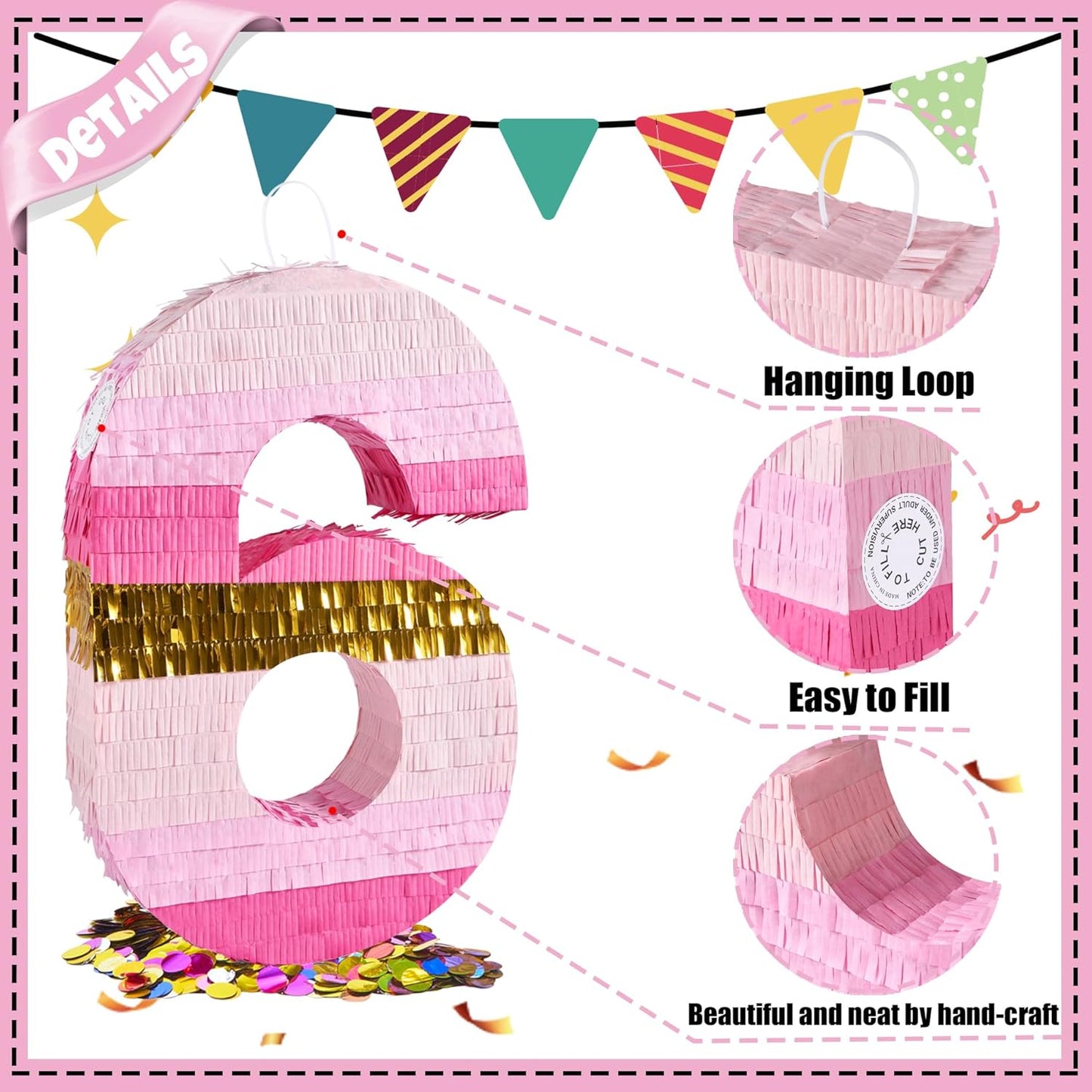 PCFING 20 Inch Number 6 Piñata Pink Gold with 30 Inch Piñata Stick Blindfold Confetti for Boys Girls Adults Birthday Party Decorations, Anniversary Celebration, Fiesta