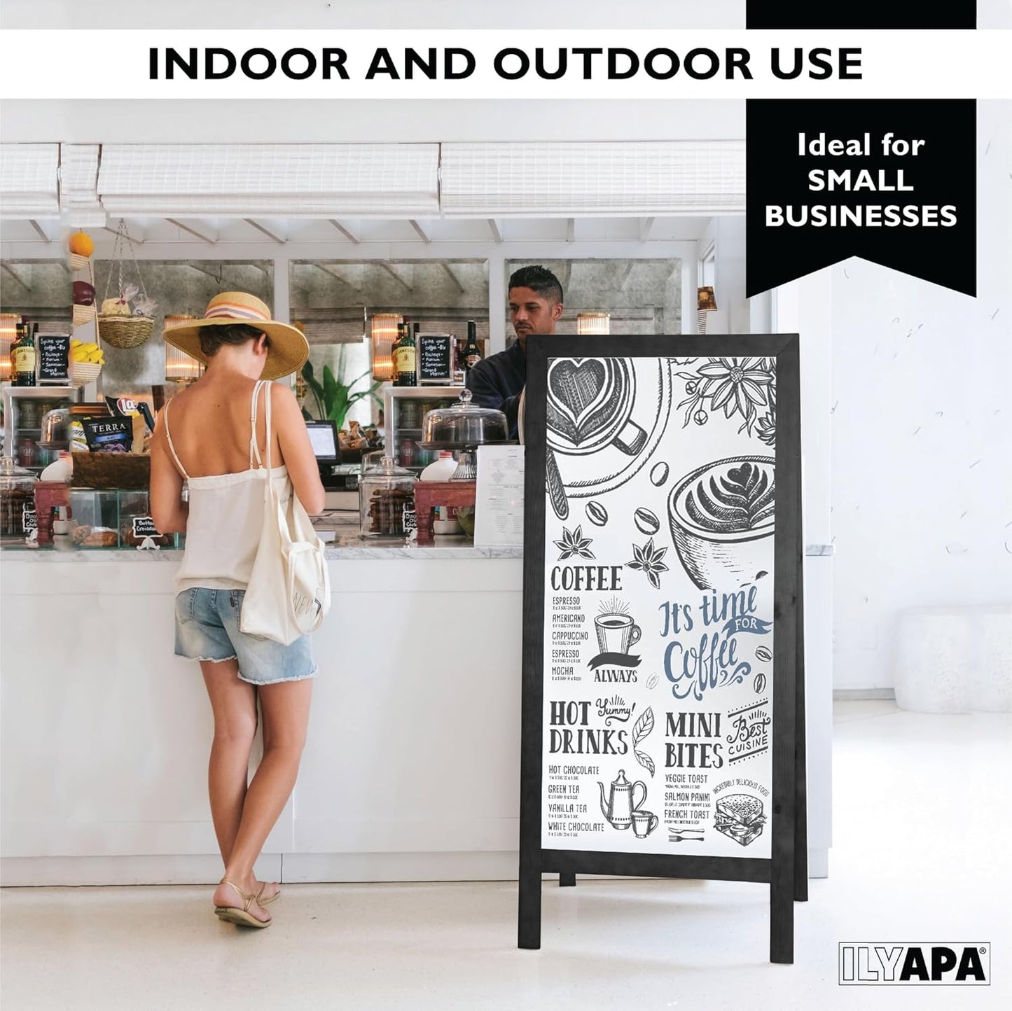 Ilyapa Wooden Dry Erase A Frame Sign - Magnetic Whiteboard Sidewalk Menu Board Outdoor - Menu Display for Restaurant, Food Truck - 58x27 inch - Black