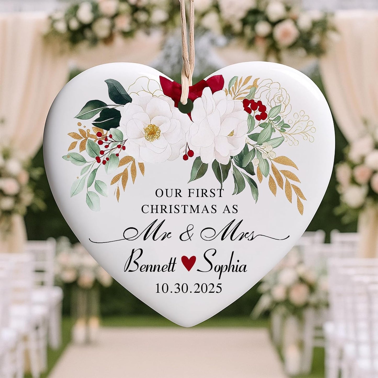 Love Signal Personalized Married Ceramic Ornament, Our First Christmas As Mr Mrs 2025 Ornaments, Custom Gift for Wedding Newlyweds Engaged Couple Christmas