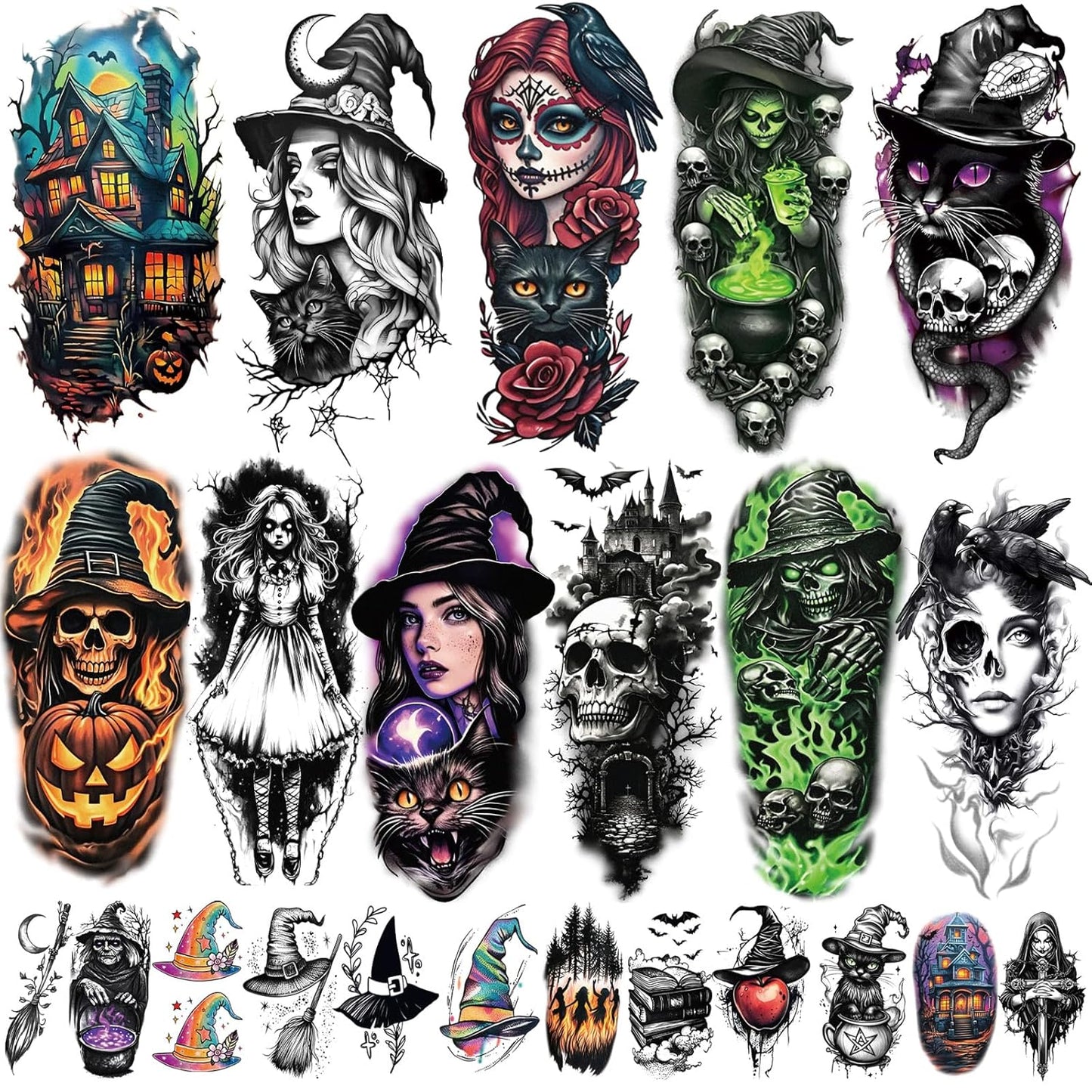 77 Sheets Witch Temporary Tattoos Women Men Adults, Skeleton Death Skull Pointed Black Hats Brooms Cauldrons Black Cats Half Arm Halloween Fake Tattoo, Bat Scary Tattoos for Halloween Costume