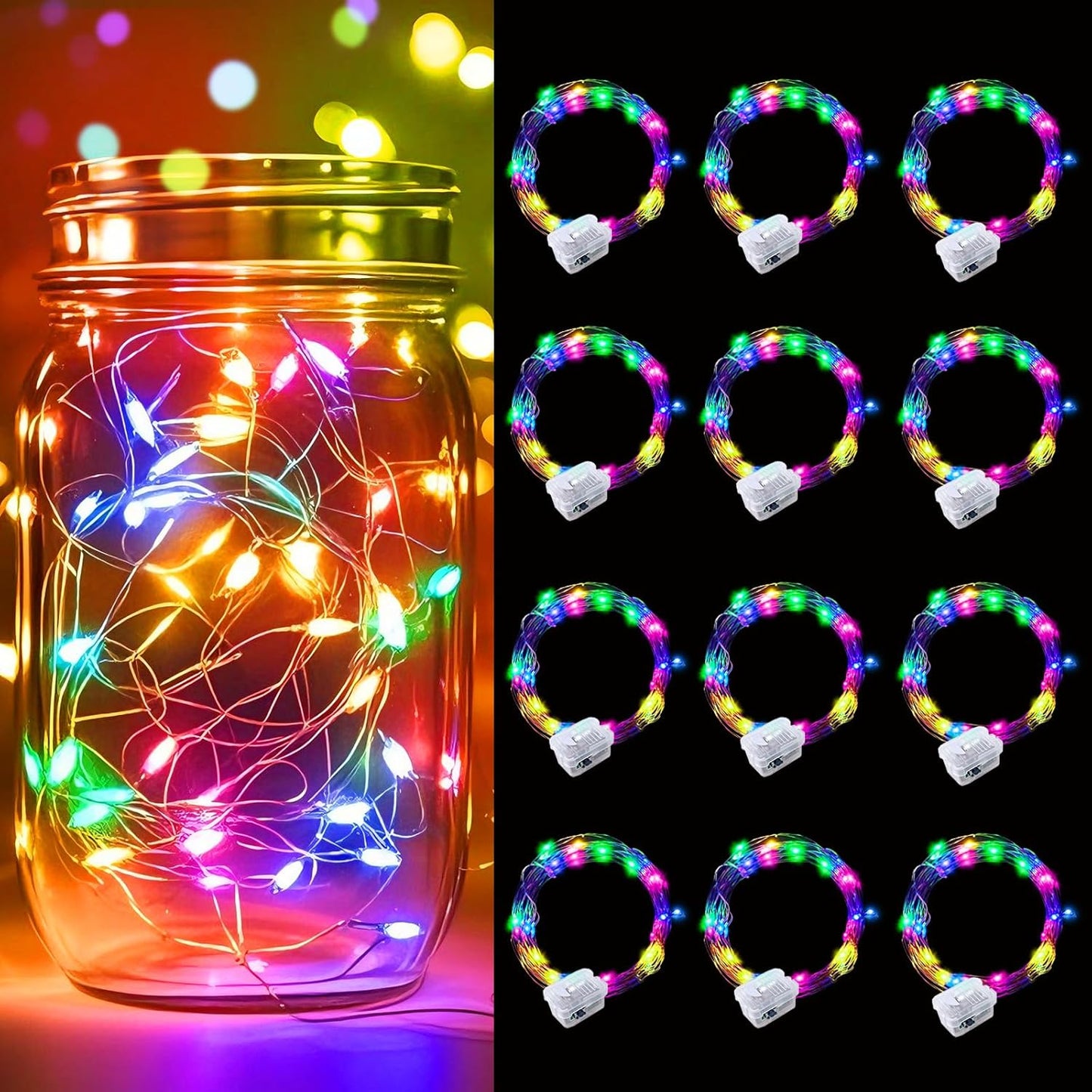 pozzolanas 12 Pack Multicolor Battery Operated String Lights - 7ft Waterproof Fairy Lights with 20 LEDs for Home, Mason Jar, Party, Wedding, Halloween, Christmas Decorations