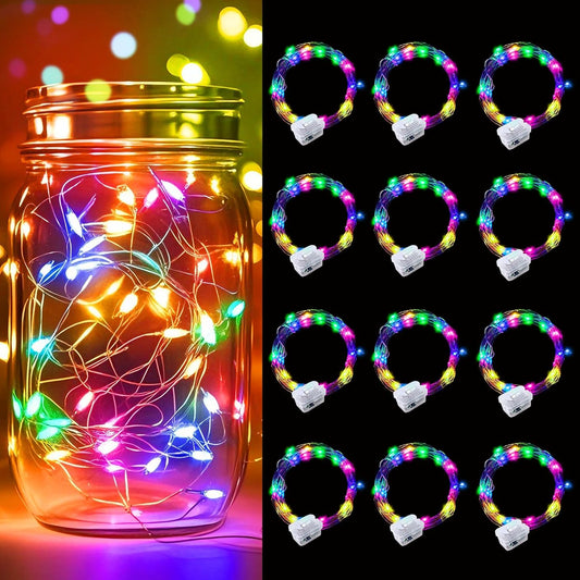 pozzolanas 12 Pack Multicolor Battery Operated String Lights - 7ft Waterproof Fairy Lights with 20 LEDs for Home, Mason Jar, Party, Wedding, Halloween, Christmas Decorations