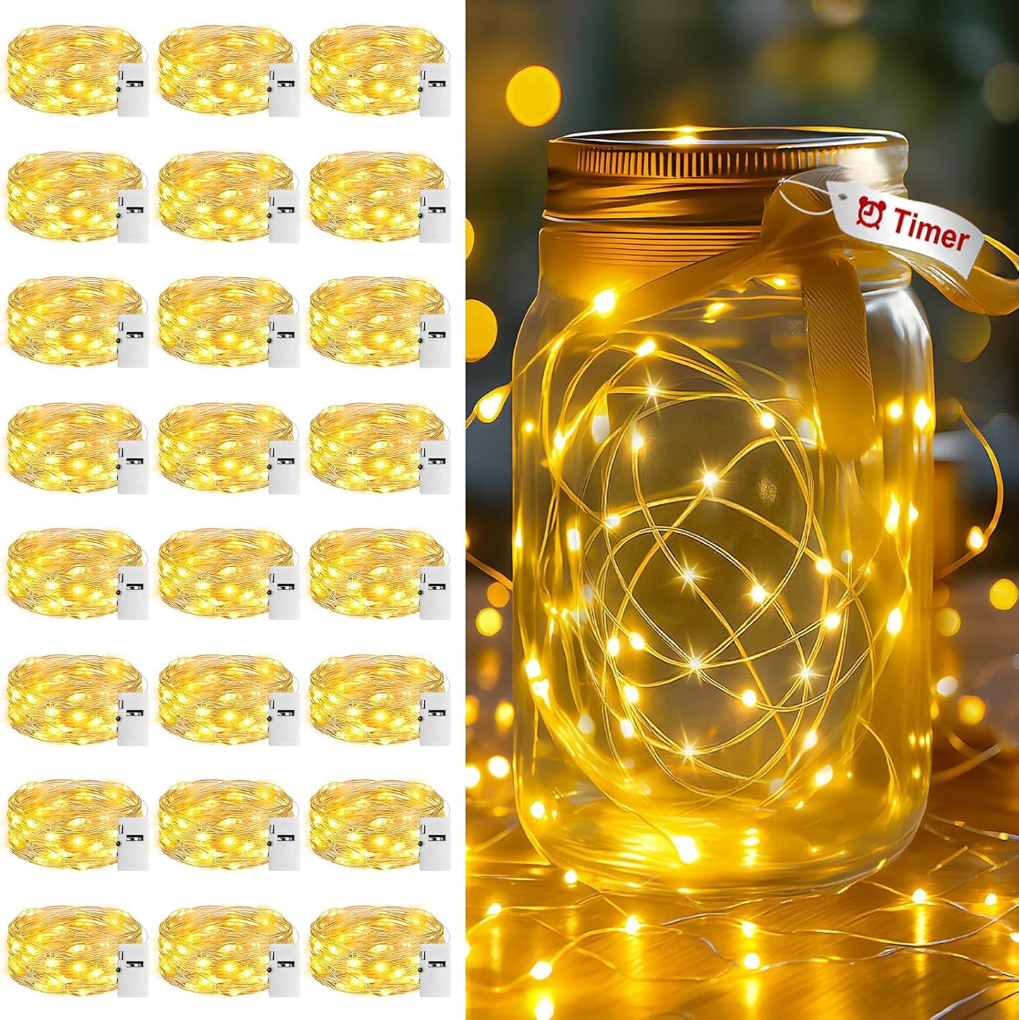 24 Pack Fairy Lights with Timer Battery Operated, 3 Modes 7ft Mini Waterproof Twinkle Lights, 20 LED Bulk String Light for Mason Jar Christmas Decoration Wedding Table Centerpieces,Warm White