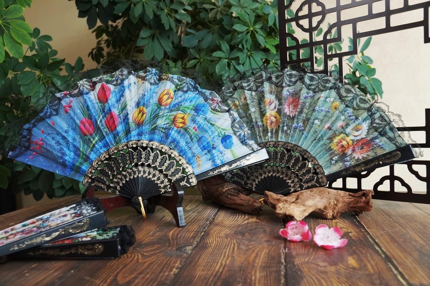 HUNANBANG 4 Pieces Folding Hand Fans Church Wedding Gift, Party Favors, DIY Decoration Gift Size9 Wholesale 4pack (Spanish 4pack)