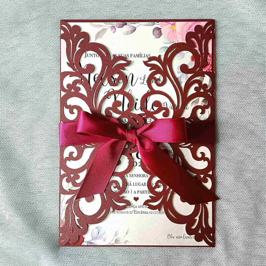 25PCS Laser Cut Burgundy Wedding Invitations Cards with Envelopes,Blank Inner Sheets,Ribbons for Wedding Bridal Shower Quinceañera Engagement Birthday Invites, (B001)