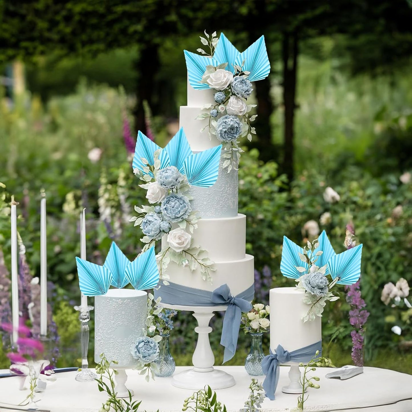 Ephlyn 6Pcs Paper Palm Fan Cake Topper Palm Leaf Fan Cake Pick Decoration for Insert DIY Craft Project Home Made Wedding Bridal Shower Birthday Anniversary Party Cake Decorations Blue