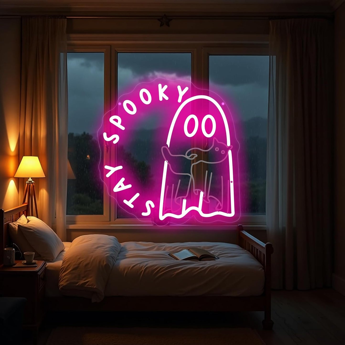 Halloween Ghost holding a cat Stay Spooky Neon Sign, Funny Halloween Party Wall Decor, Spooky Season Room Sign for Boo Wall Decor Neon Light for Bar Man Cave Home Yard Decoration Funny Spooky Vibes-Pink