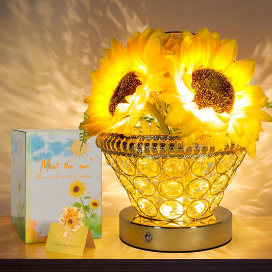 Birthday Gifts for Women, Gift Basket for Mom Sunflower Cordless Table Lamp,3 Color Crystal Lamps Touch Bedside Lamps Infinitely Dimming with USB Charge Small Night Light for Bedroom