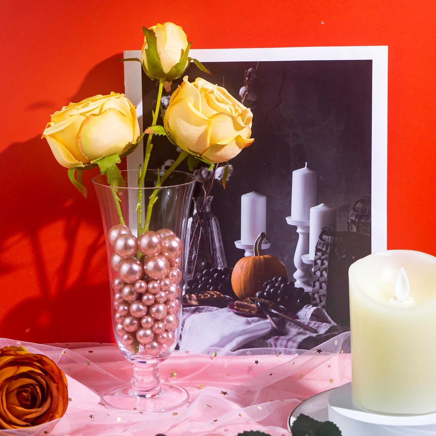 120 PCS 8/14/20mm No Hole Polish Pearl Beads for Centerpiece, Rose Gold Beads Decorative Vase Fillers, Plastics Pearls for Vases, Table Scatters, Wedding Party Decor