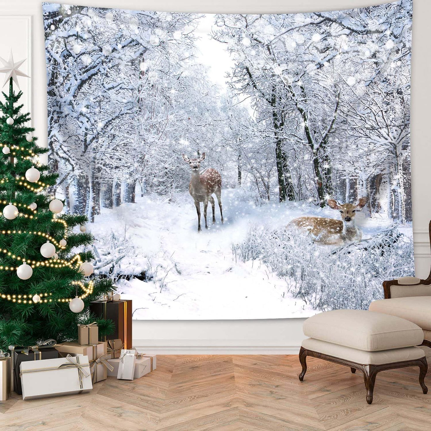 QGHOT Winter Tapestry Wall Hanging, Snow Scene Backdrop Winter Wonderland Wall Decor Snowy Forest Wall Art Nature Woodland Deer Tapestry for Bedroom Room Dorm Party Decoration, Large
