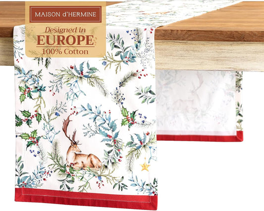 Maison d' Hermine Table Runner 100% Cotton Single Layer Table Runners 108 inches Long for Thanksgiving Christmas Decorations Home Kitchen Dining Party Wedding (Holly Time, 14.5" x 108")