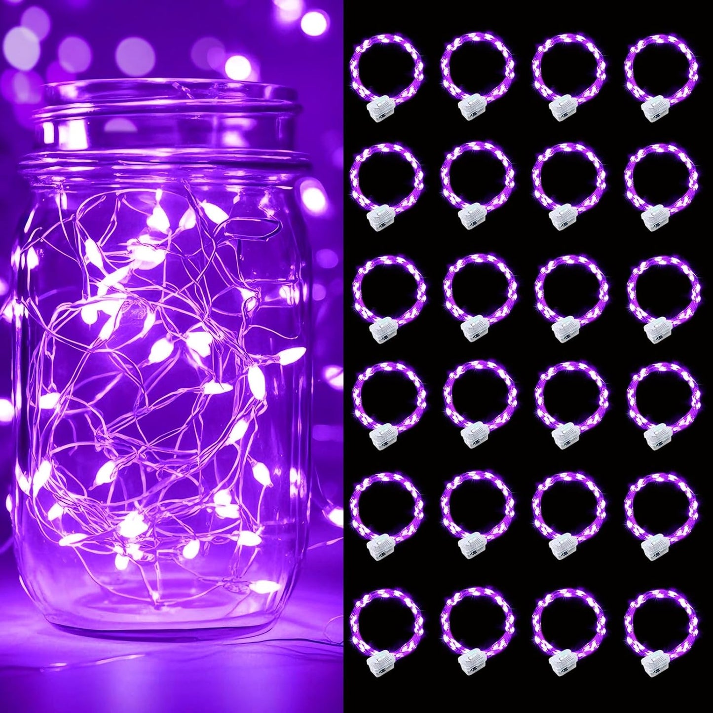 pozzolanas 24 Pack Purple Battery Operated String Lights - 7ft Waterproof Fairy Lights with 20 LEDs for Home, Mason Jar, Party, Wedding, Halloween, Christmas Decorations