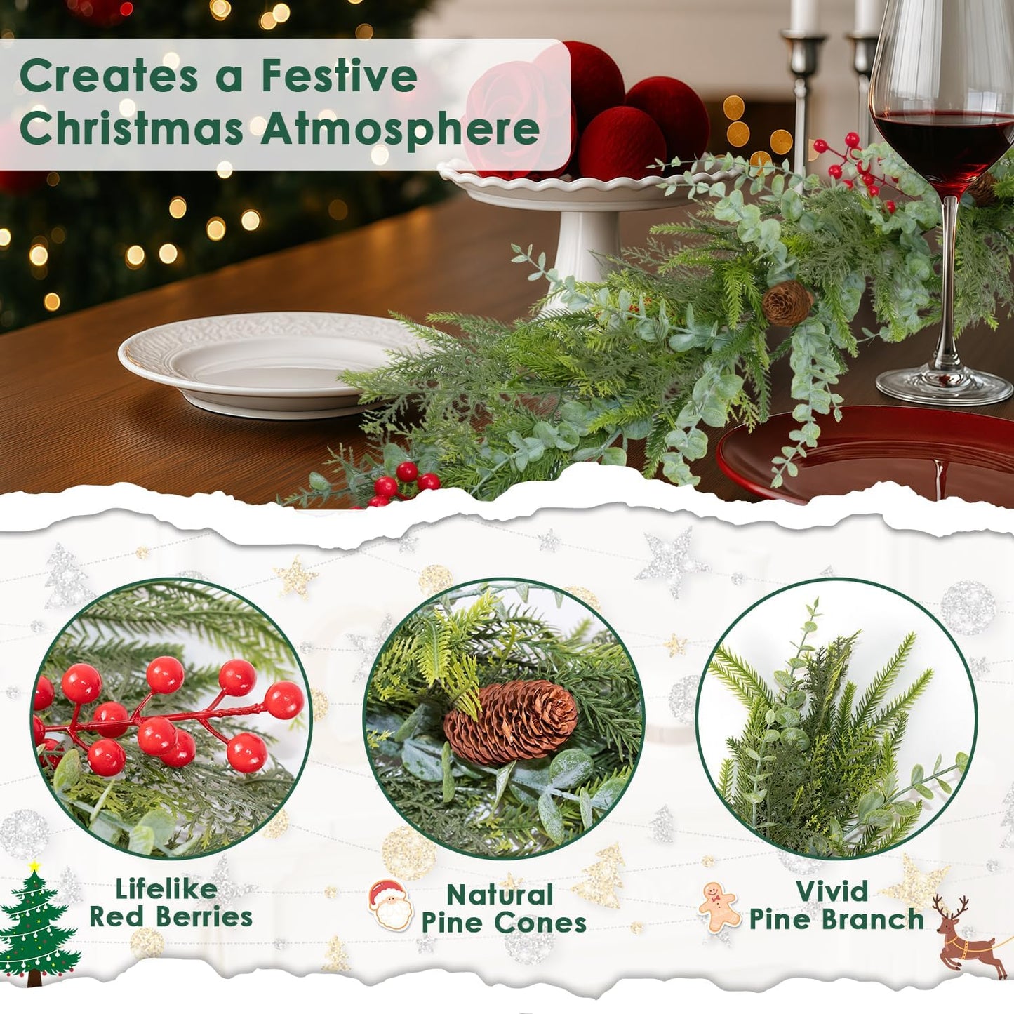 9FT Christmas Garland Norfolk Pine Tree Artificial Cedar Eucalyptus Greenery, Realistic Pine Garland for Mantel Fireplace Stair Rail Doorway Table Centerpiece, Indoor Outdoor Winter Decor