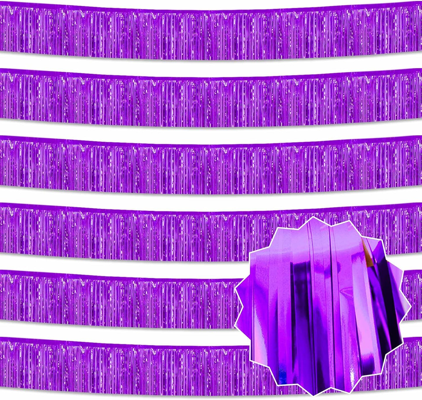 6 Pack 10 Ft Purple Foil Fringe Garland Metallic Streamers Tinsel Banner Wall Hanging Garland Backdrop for Parade Floats, Halloween, Christmas, Thanksgiving, New Year Party Decorations
