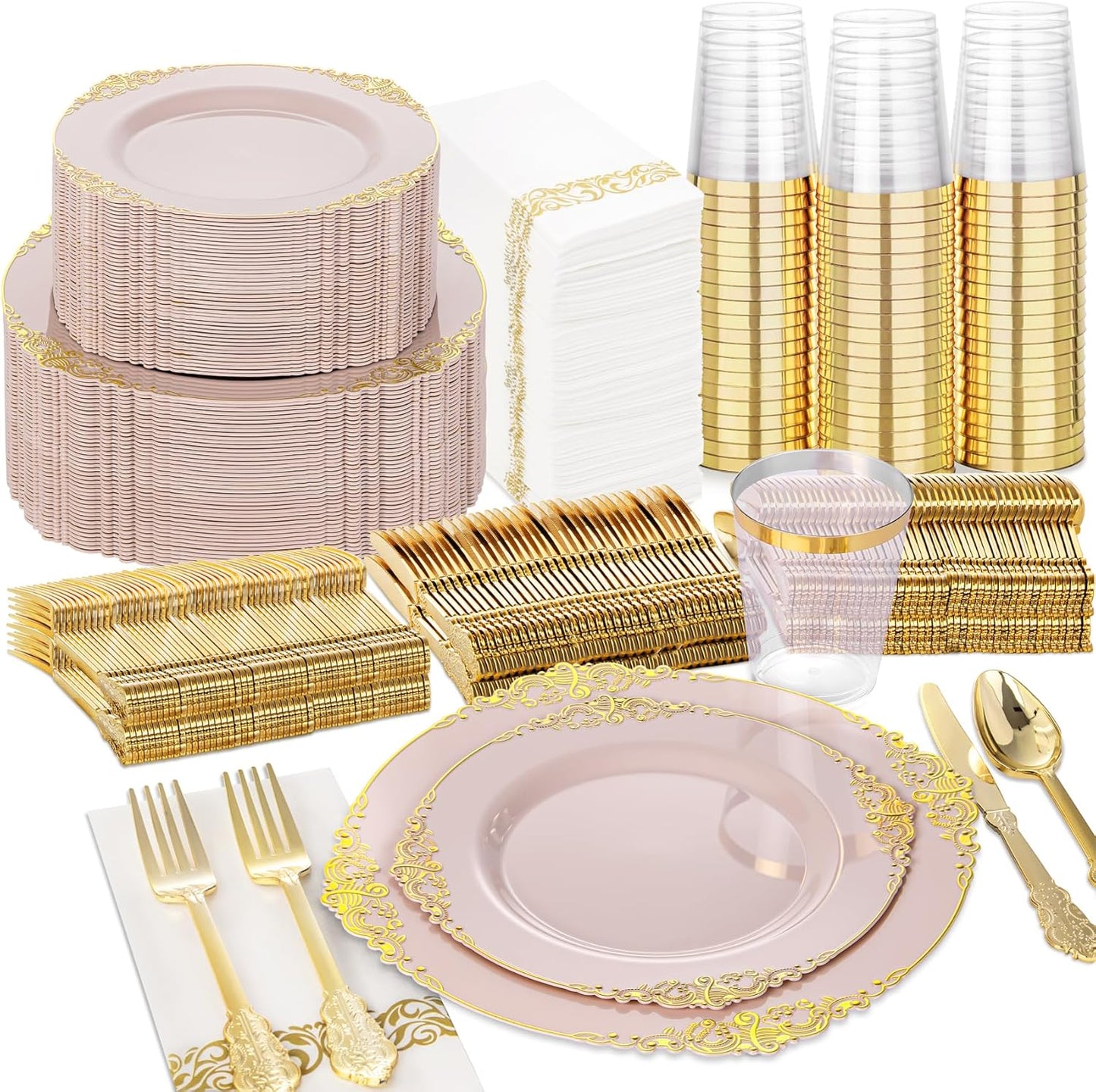 Nervure 350PCS Pink Plastic Plates - Pink Dinnerware Sets for 50 Guests - 100 Disposable Plates, 150 Gold Plastic Silverware, 50 Cups, 50 Napkins for Wedding & Party